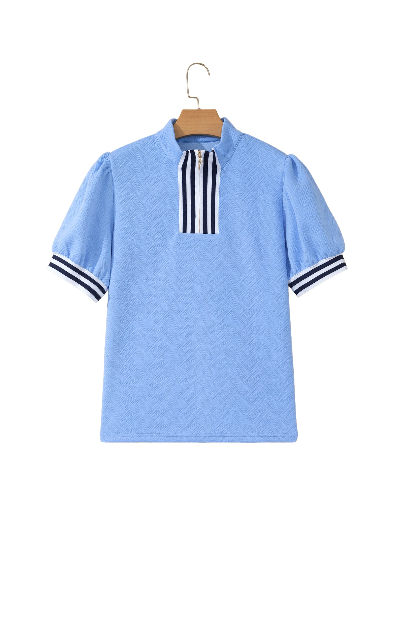 Myosotis Stylish Textured Stripe Trim Split Neck Puff Sleeve Top