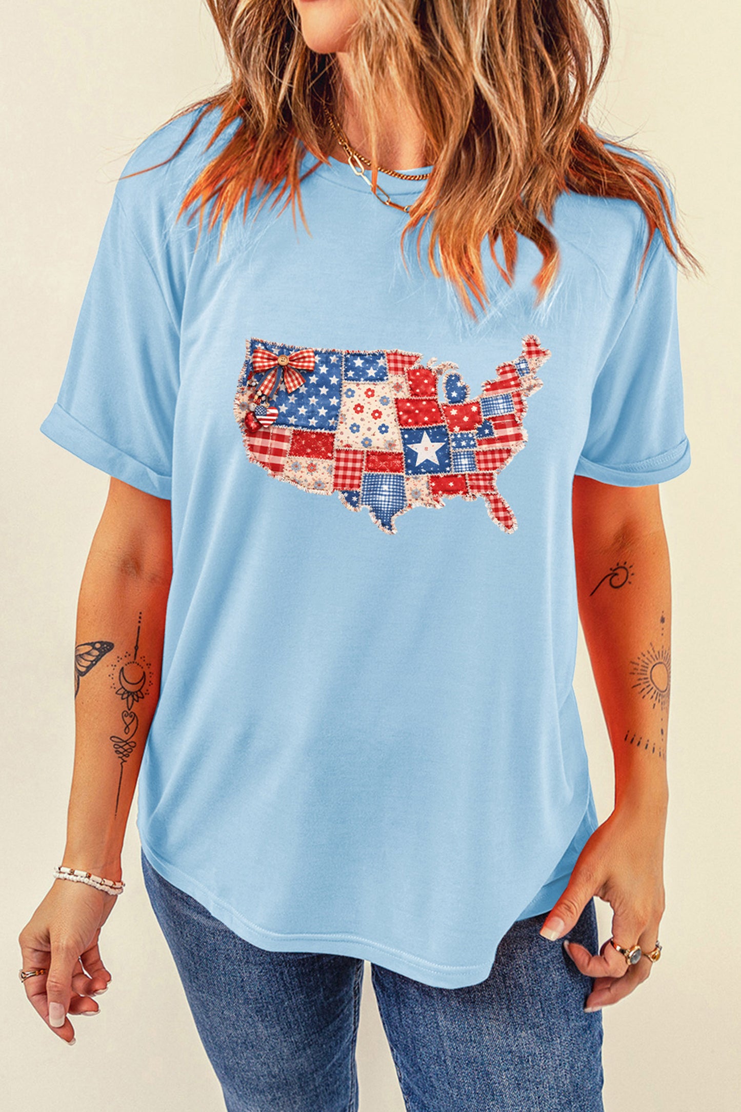 Light Blue Faux Patchwork Print American Patriotic Graphic Tee