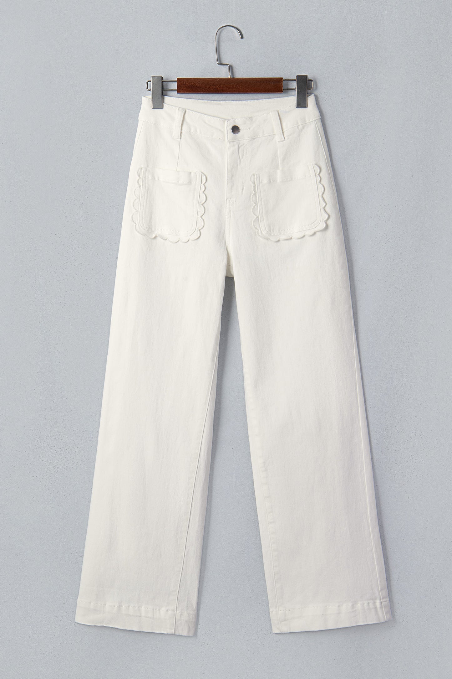 Yellow Solid Color Scalloped Patch Pocket Shift Jeans
