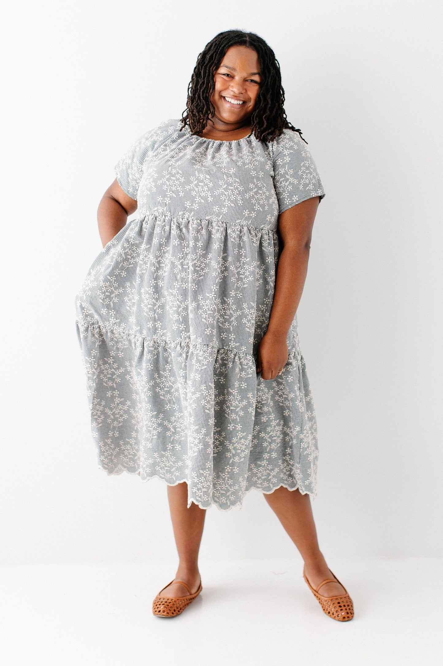Georgia Embroidered Floral Gingham Midi Dress