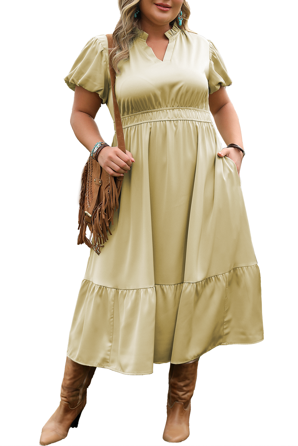 Laurel Green Notched V Neck Puff Sleeve Tiered Plus Size Maxi Dress