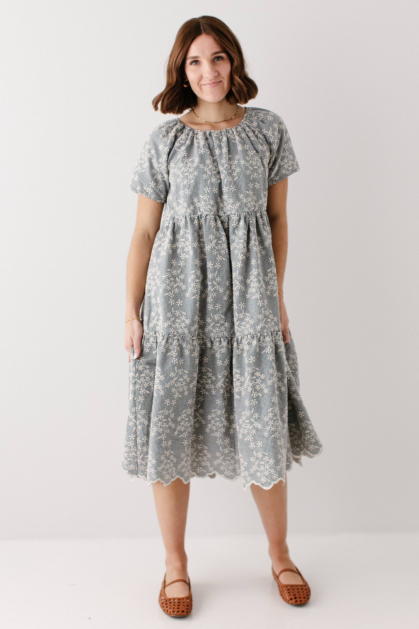 Georgia Embroidered Floral Gingham Midi Dress