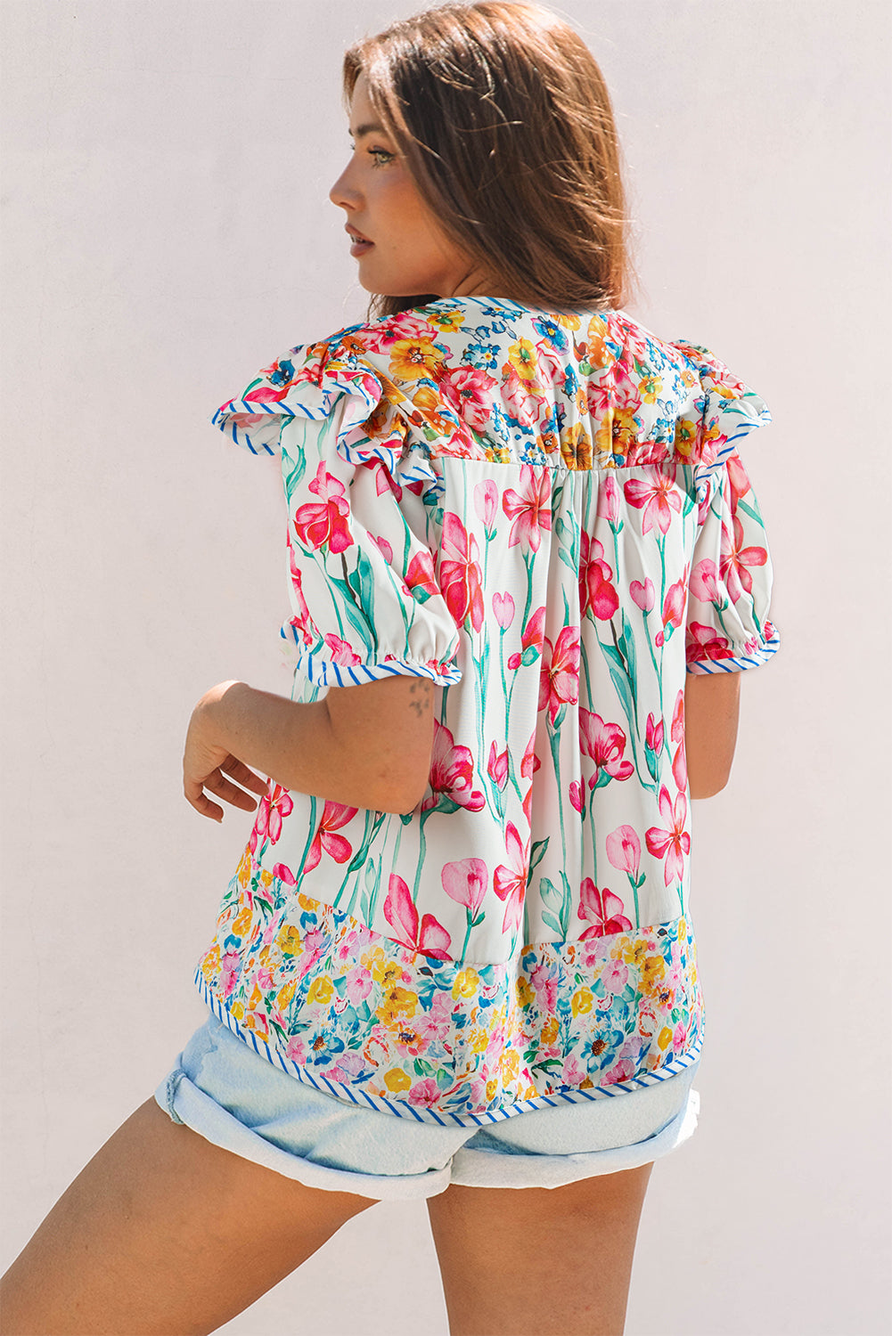 Pink Floral Print Striped Detail Split Neck Short Sleeve Blouse