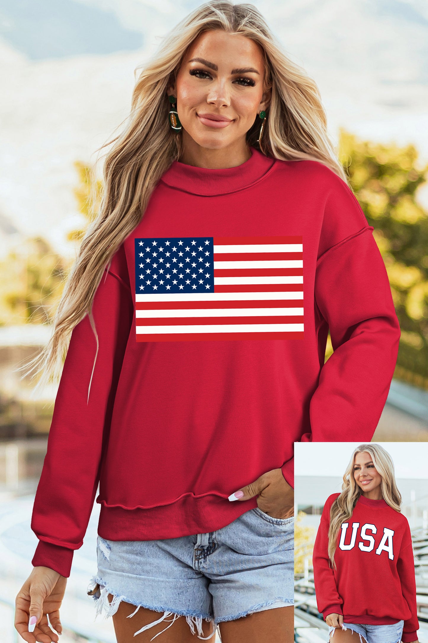 Racing Red American Flag/ USA Double Side Print Reversible Mock Neck Sweatshirt