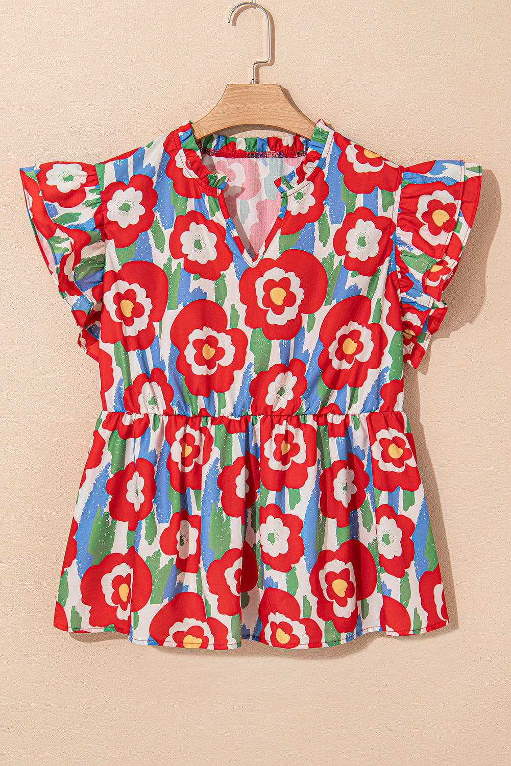 Red Plus Size Floral Print Ruffle Trim Split Neck Peplum Top