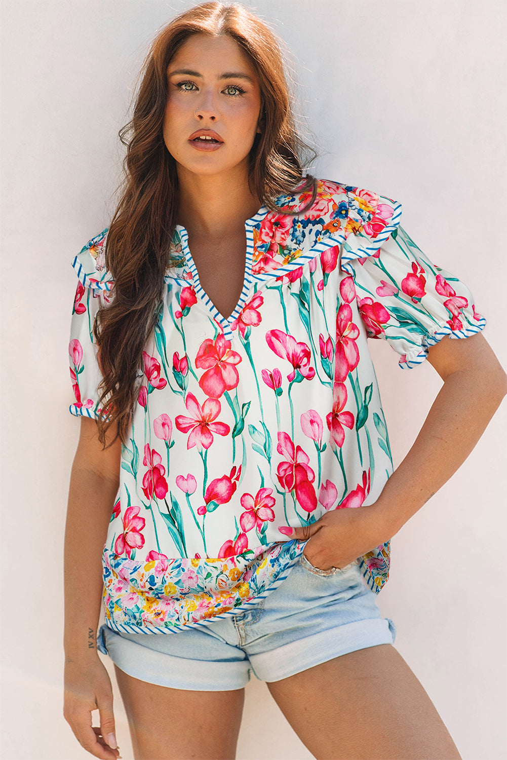Pink Floral Print Striped Detail Split Neck Short Sleeve Blouse