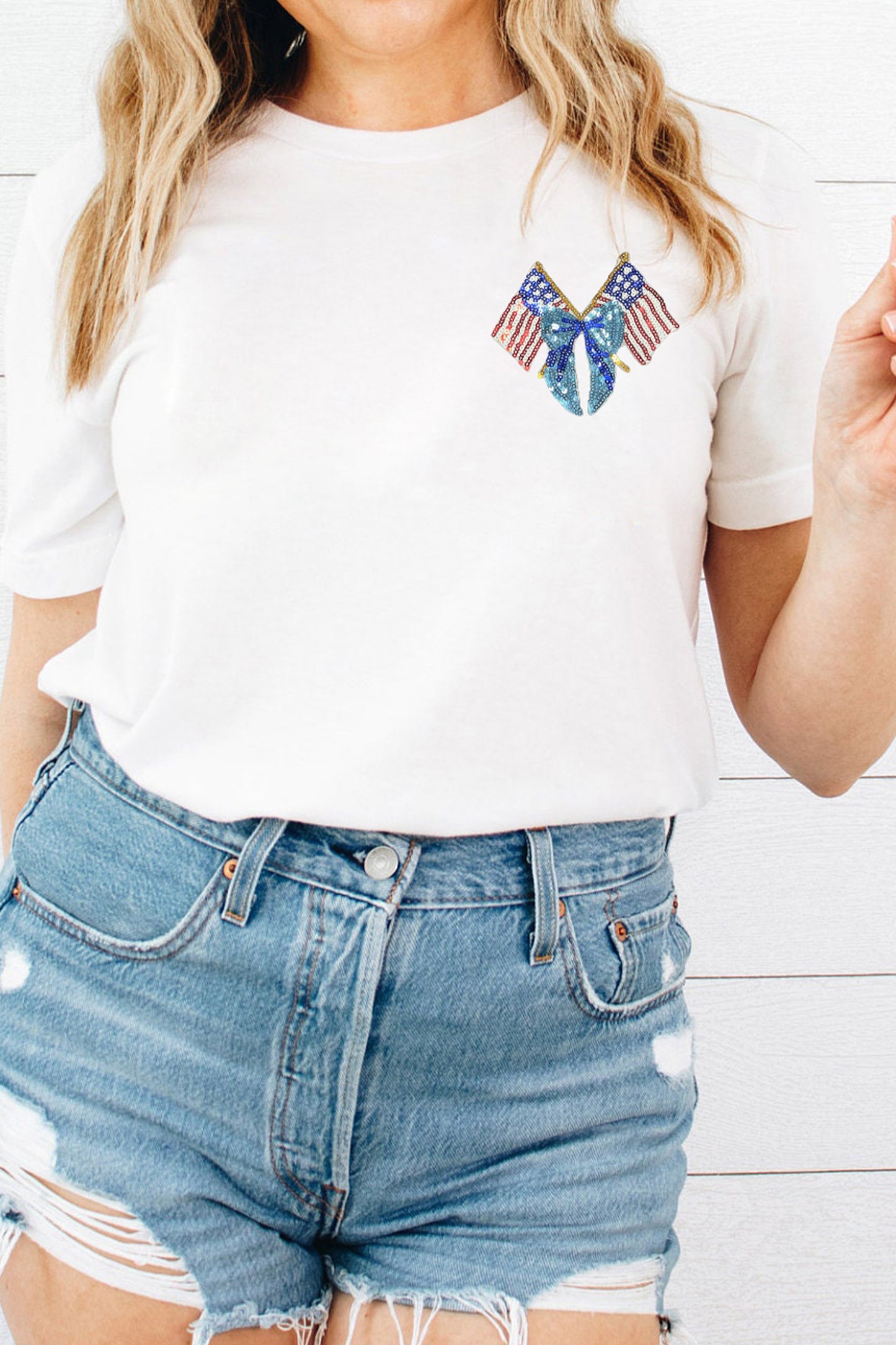 White Patriotic Coquette Flag Sequin Graphic Tee