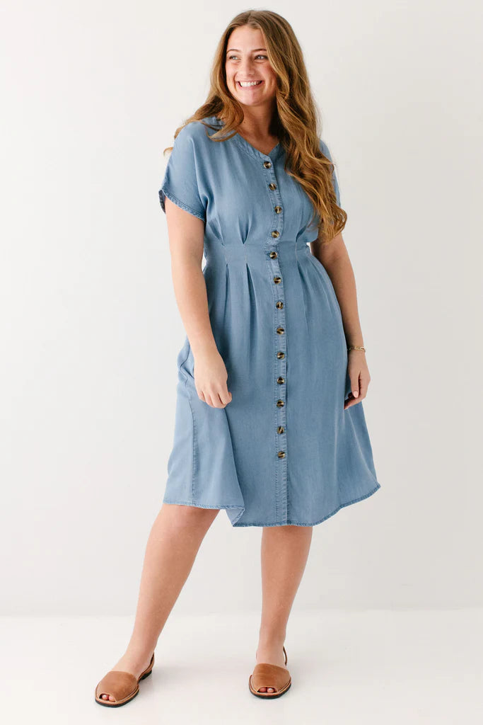Emilia Pleated Chambray Midi Dress