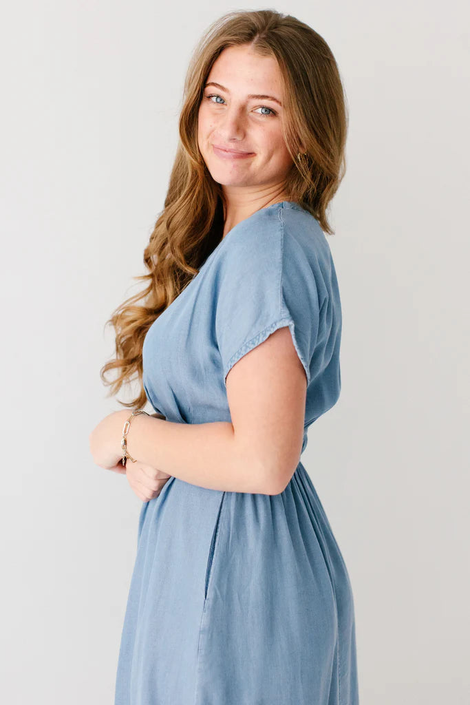 Emilia Pleated Chambray Midi Dress