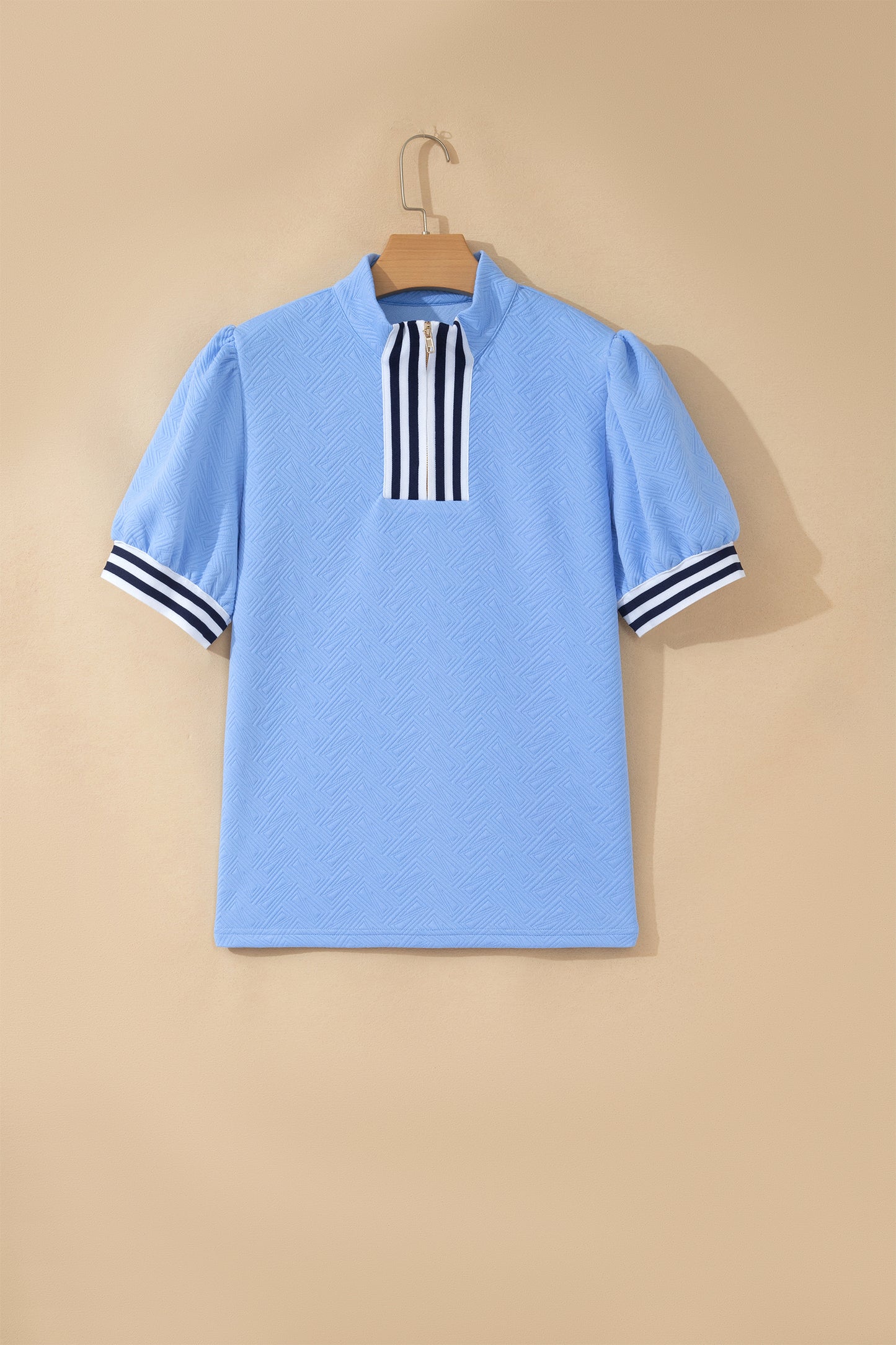 Myosotis Stylish Textured Stripe Trim Split Neck Puff Sleeve Top