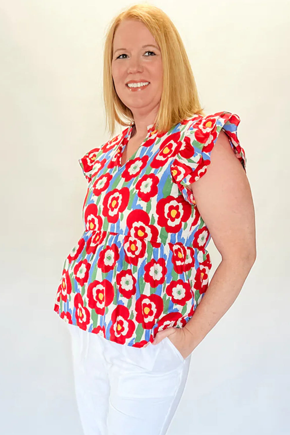 Red Plus Size Floral Print Ruffle Trim Split Neck Peplum Top