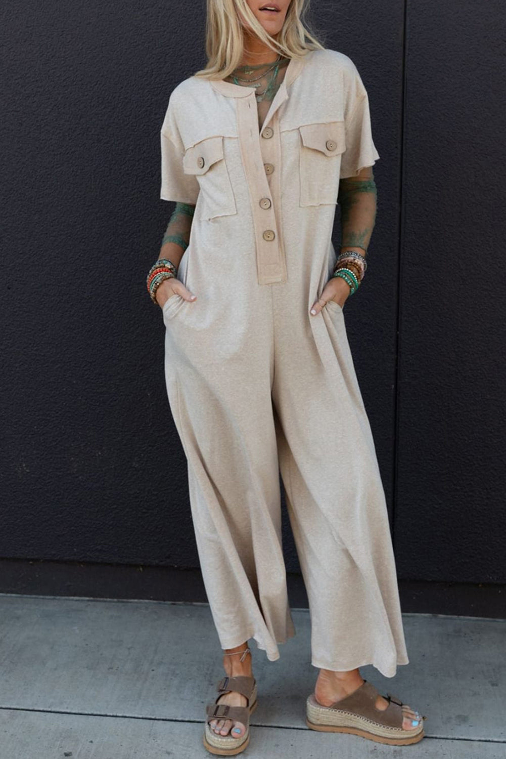Beau Blue Half Placket Chest Pockets Short Sleeve Wide Leg Jumpsuit