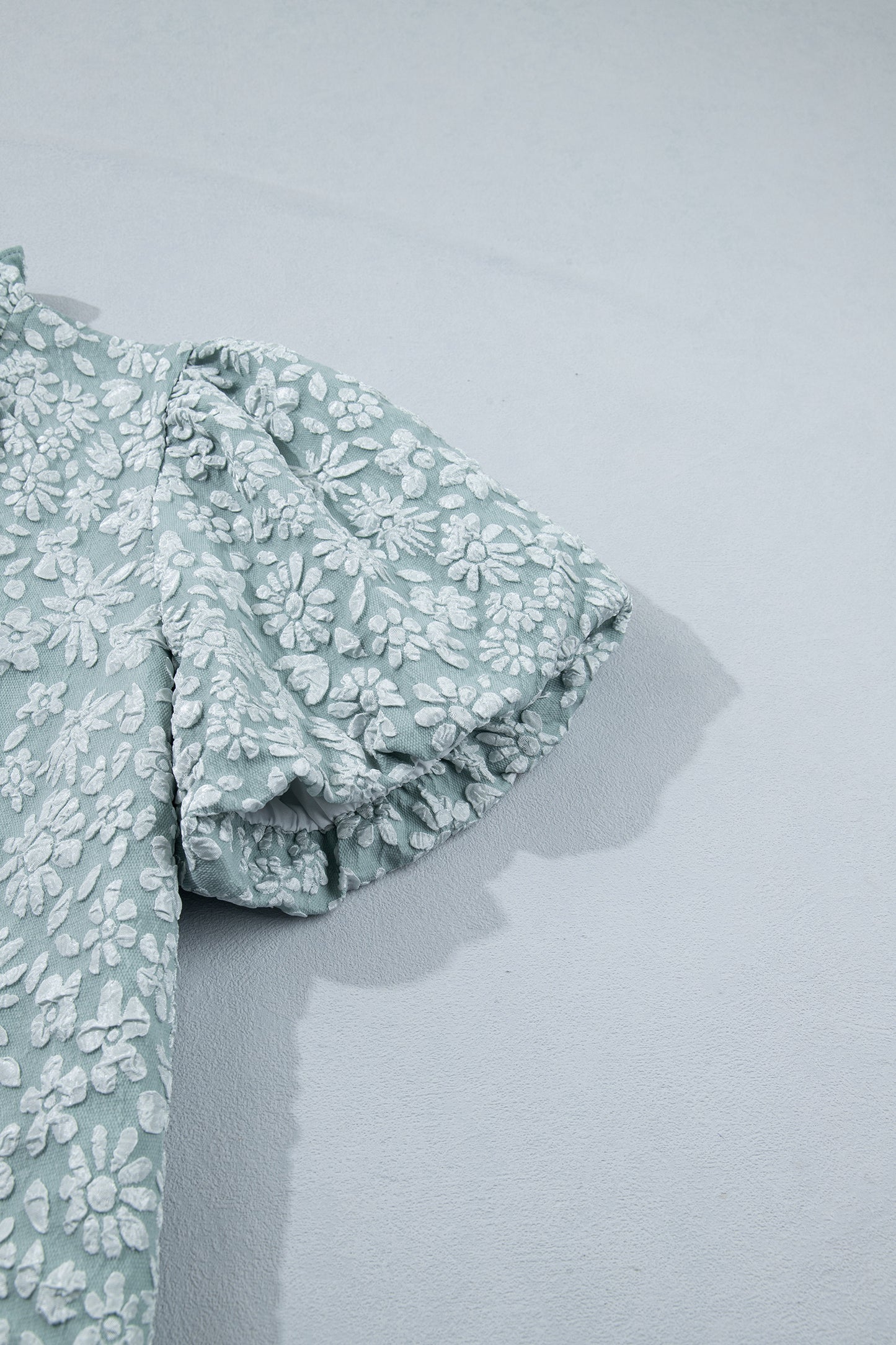 Apricot Pink Floral Textured Jacquard Puff Sleeve Blouse