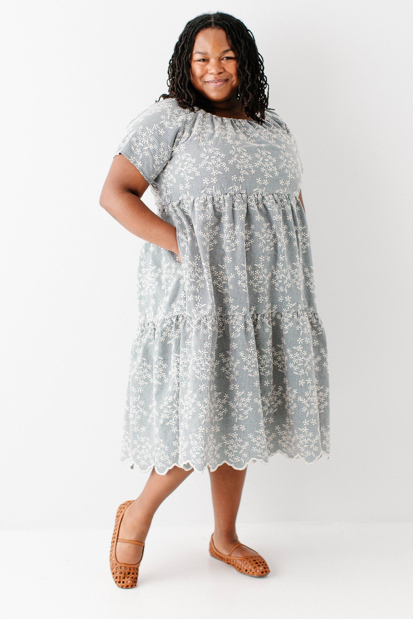 Georgia Embroidered Floral Gingham Midi Dress
