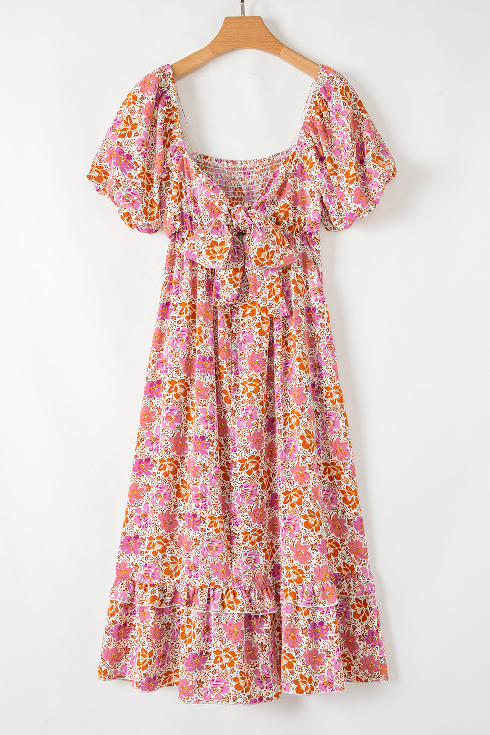 Pink Floral Square Neck Knotted Ruffle Midi Dress